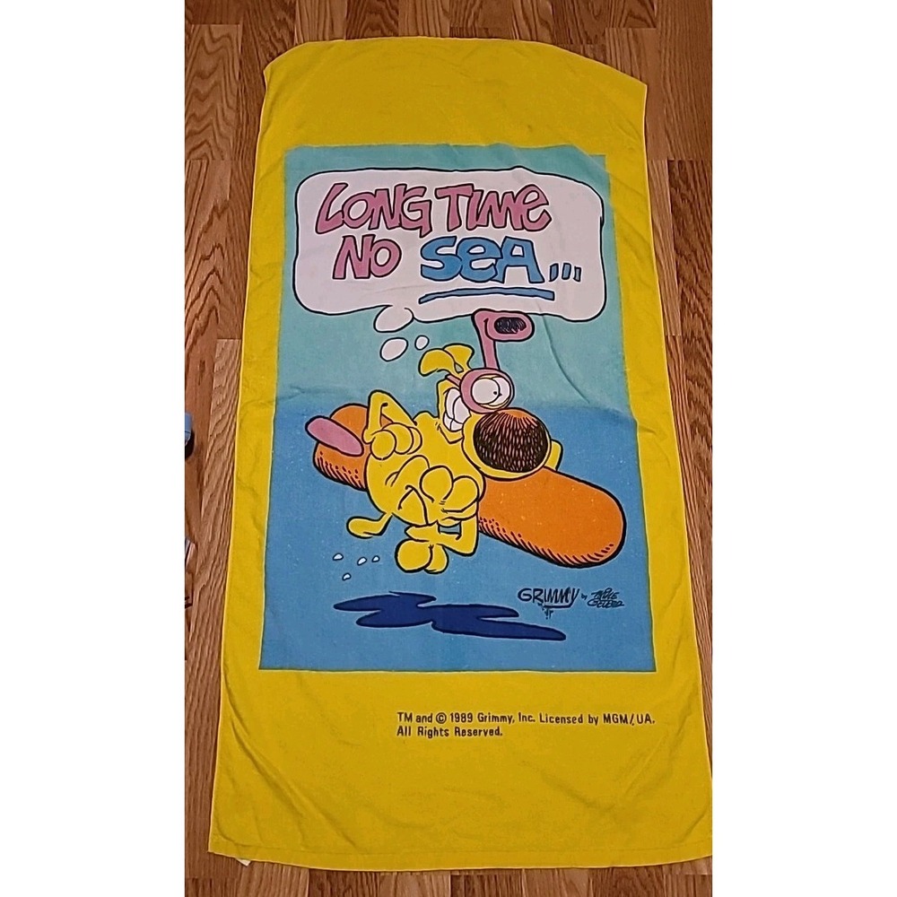 Rare Vintage Grimmy by Mike Peter's 1989 Beach Towel MGM Long Time No Sea